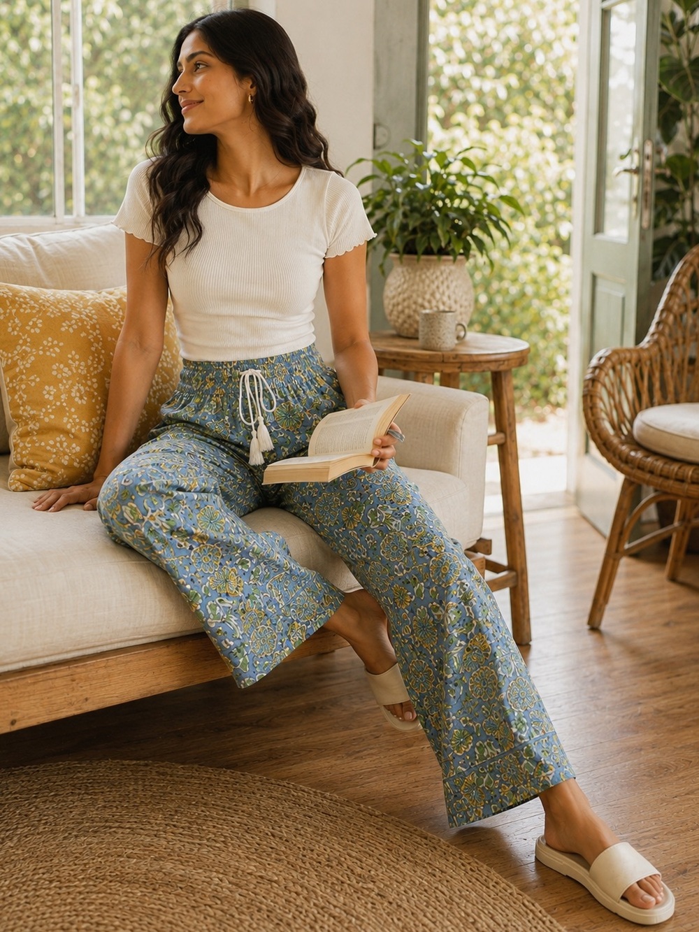 Anthropologie Wide Leg Lounge Pants in Blue & Yellow Soft Floral Fabric Size L